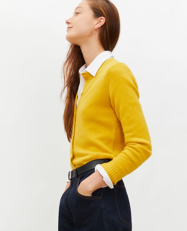 Round neck cashmere cardigan Lemon curry