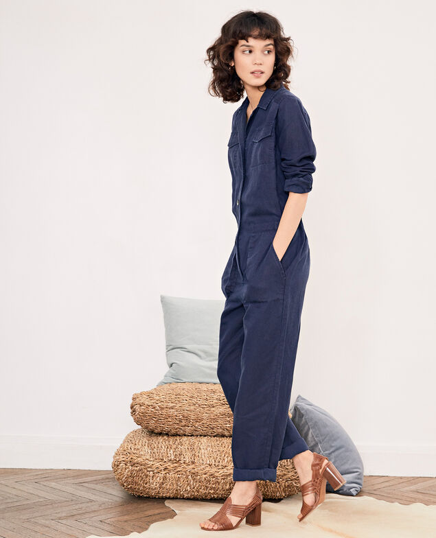 Safari-style jumpsuit with linen Marine
