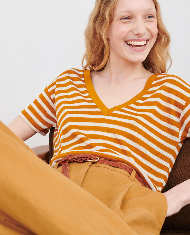 SARAH - Linen V-neck t-shirt 122 stripes pumpkin