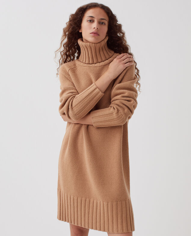 Wool roll neck jumper dress I321 camel