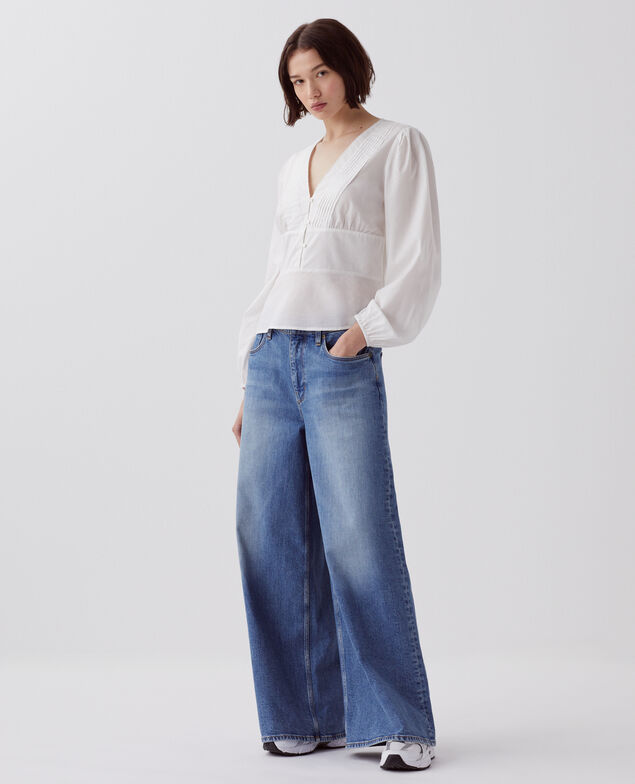 V-neck cotton blouse H013 gardenia