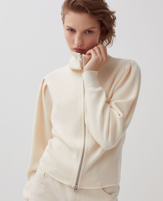 Zip-up merino wool cardigan I307 ecru