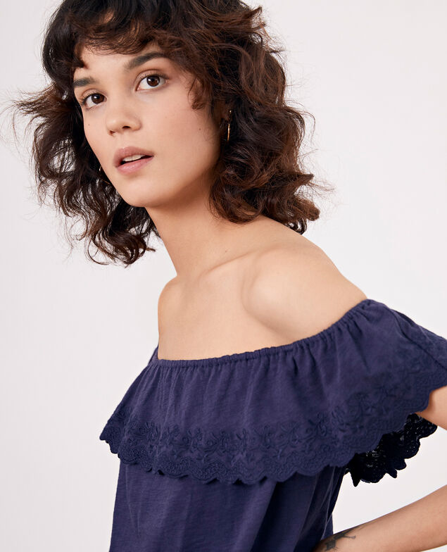 Top with elasticated and embroidered frill Navy