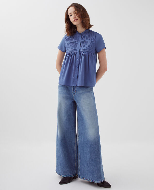 Short-sleeved blouse I640 gray blue