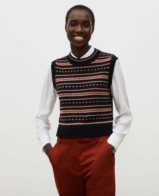 Sleeveless alpaca wool jacquard jumper Black brandy lighttaupe jacquard
