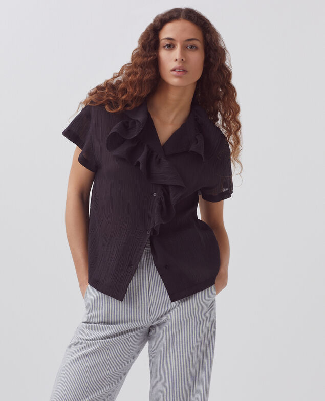 Frilly pleated cotton blouse H091 black beauty