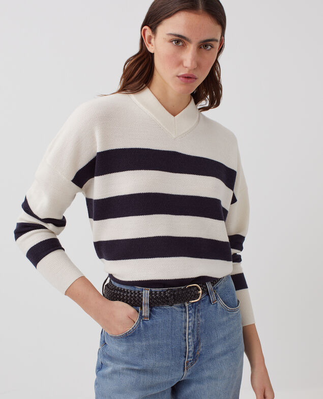 V-neck merino wool striped jumper J682 st ecru navy