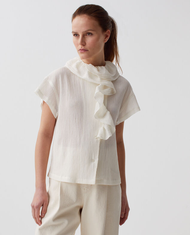 Frilly pleated cotton blouse H303 white swan