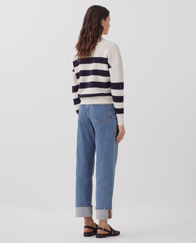 V-neck merino wool striped jumper J682 st ecru navy