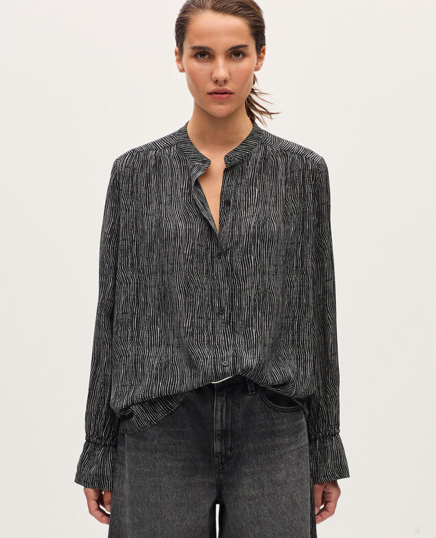 Long-sleeve silky shirt K093 stripes black