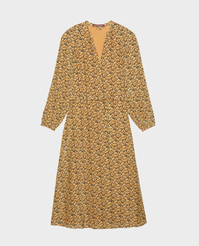 V-neck silk maxi dress with belt Print artdeco lemoncurry