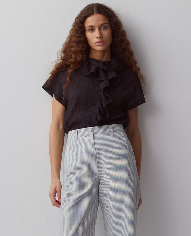 Frilly pleated cotton blouse H091 black beauty