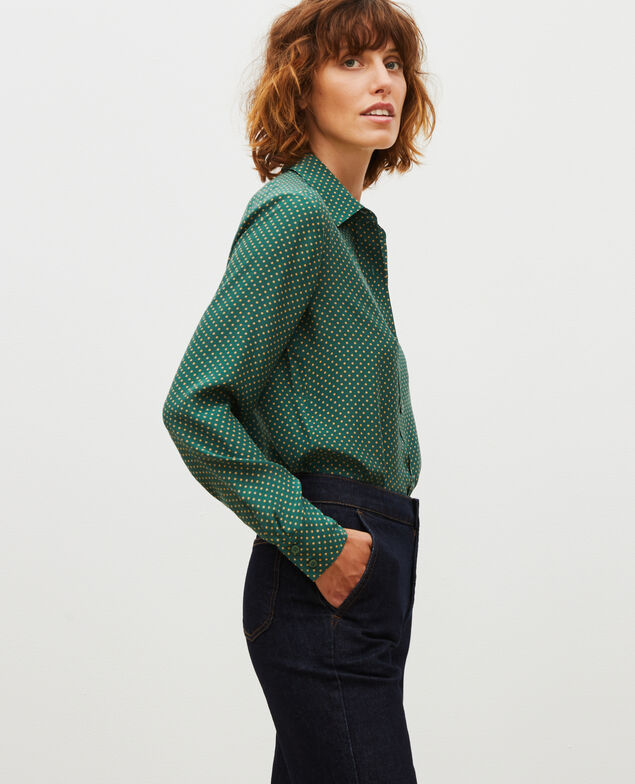  Long-sleeve silk men's shirt Little pois dark green