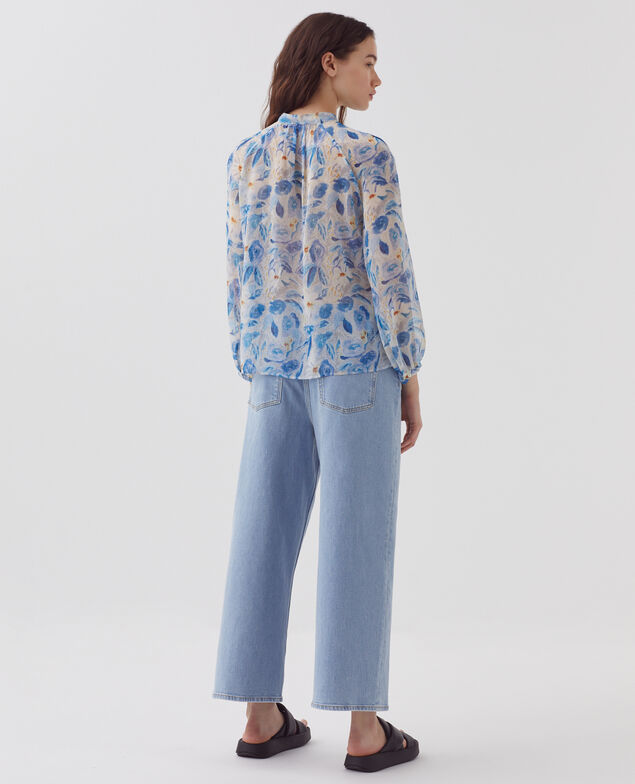 Long-sleeve silky blouse H600 window blue