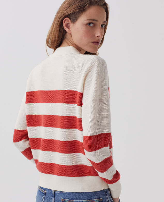 V-neck merino wool striped jumper J242 st ecru paprika