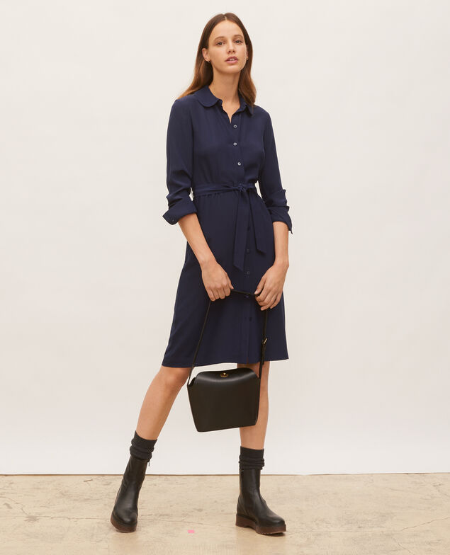 Round neck silk shirt dress with belt Maritime blue