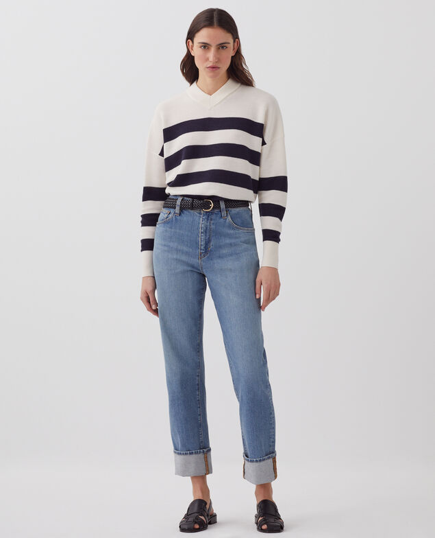 V-neck merino wool striped jumper J682 st ecru navy