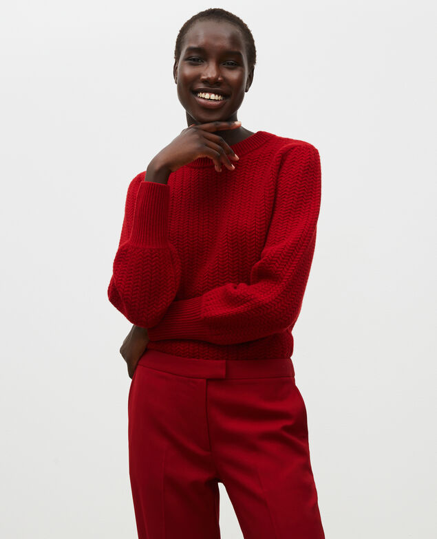 Cable knit round neck wool jumper Royale red