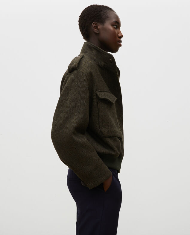 Chevron wool tweed aviator jacket Military green