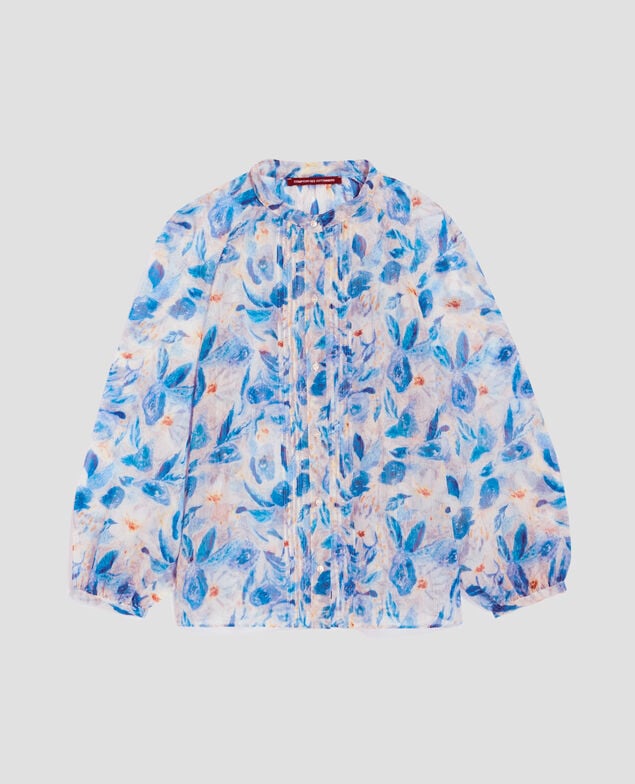 Long-sleeve silky blouse H600 window blue