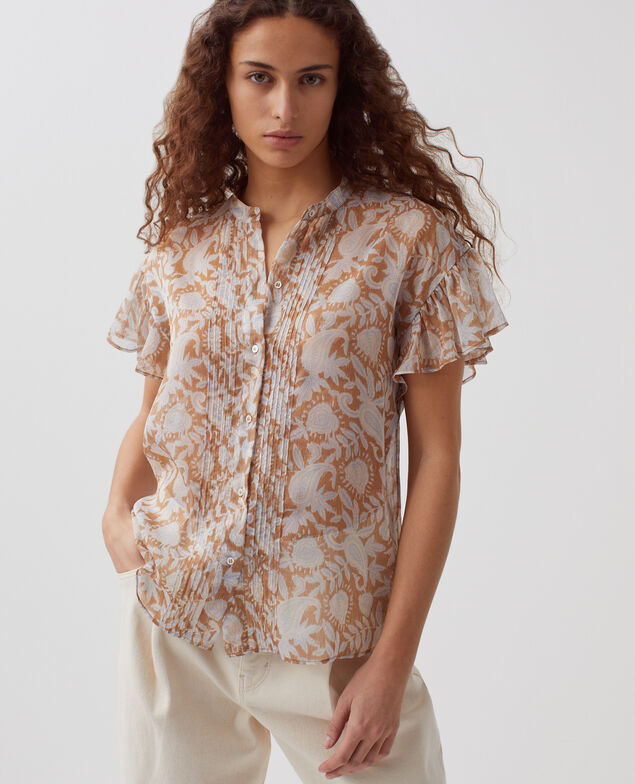 Short-sleeve silky blouse H340 cashmire brown