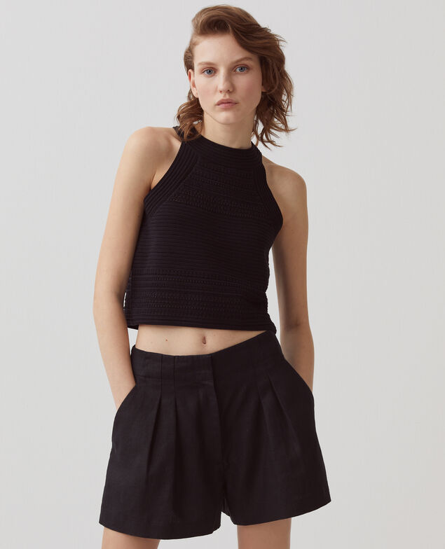 Pleated linen shorts H091 black beauty
