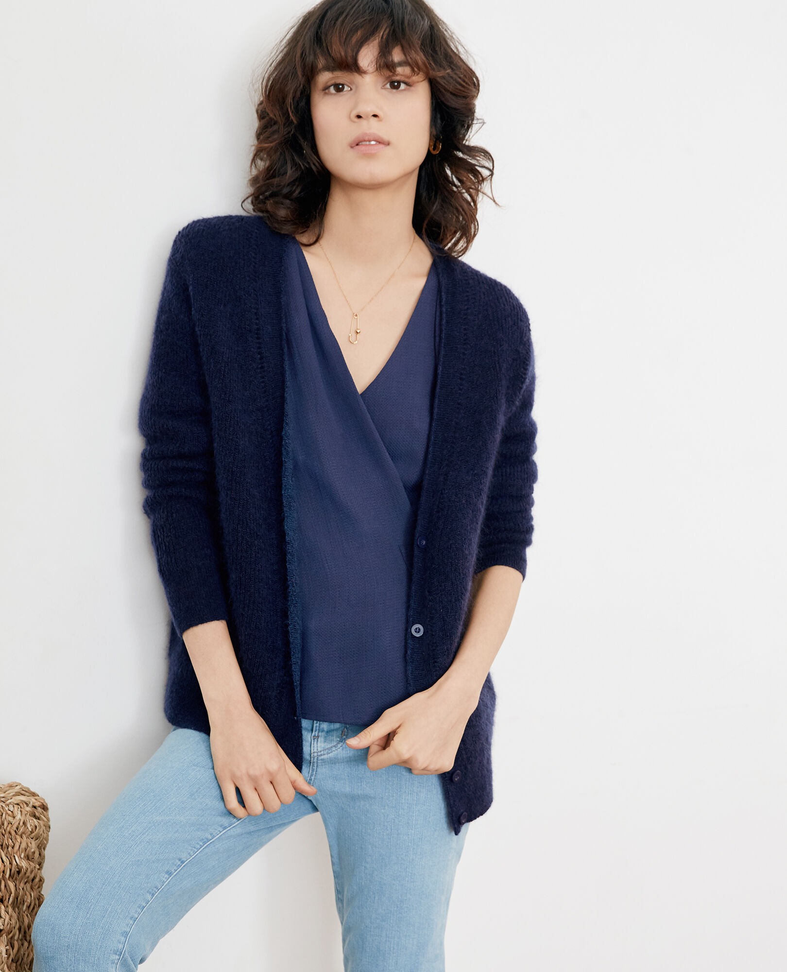 トップス BATONER / Mohair Cardigan NAVY BATONER (バトナー) MOHAIR NORDIC CREW NECK CARDIGAN / モヘア