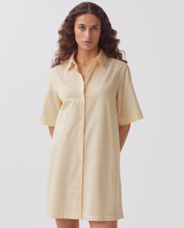 Embroidered cotton mini shirt dress H013 gardenia