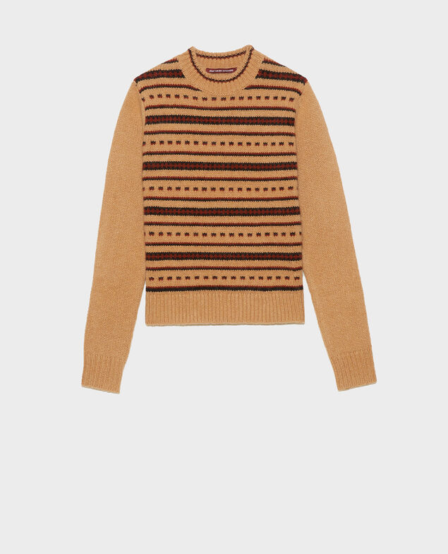 Round neck alpaca wool jacquard jumper Jacquard taupe black brandybrown
