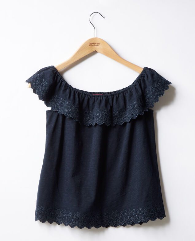 Top with elasticated and embroidered frill Navy