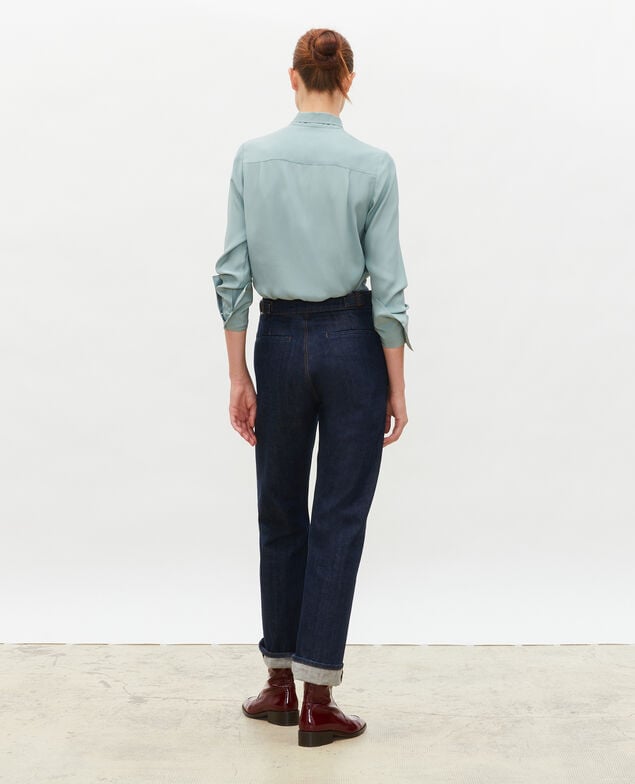  Long-sleeve tie neck silk blouse Chinois green