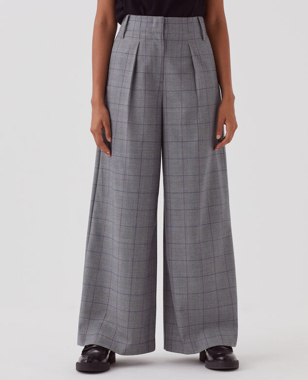 YVONNE - Pleated wide leg trousers I033 check grey