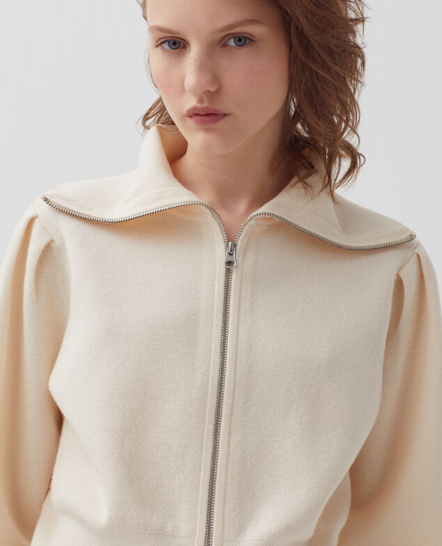 Zip-up merino wool cardigan I307 ecru