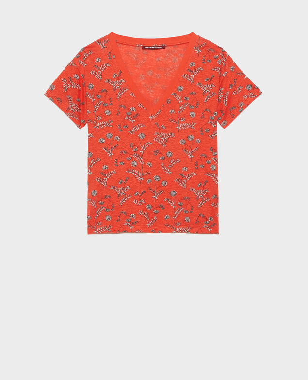 SARAH - Linen V-neck t-shirt Coronille spicy