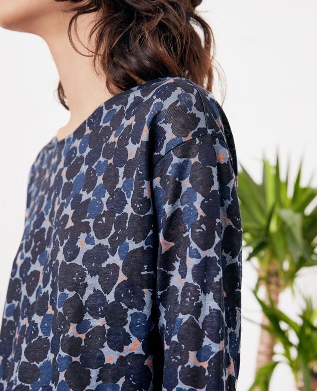 Printed linen T-shirt Blossom shadow indigo