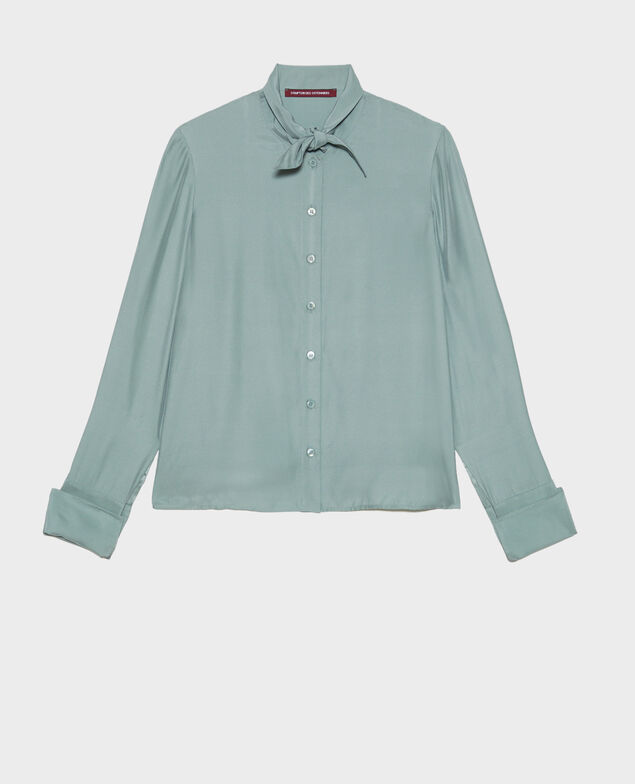  Long-sleeve tie neck silk blouse Chinois green