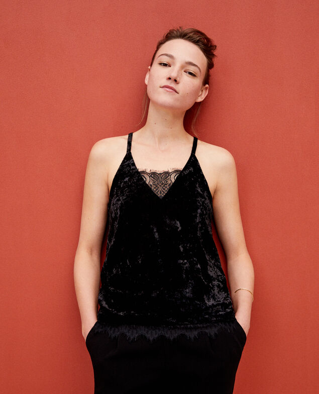 Velvet vest with lace Black