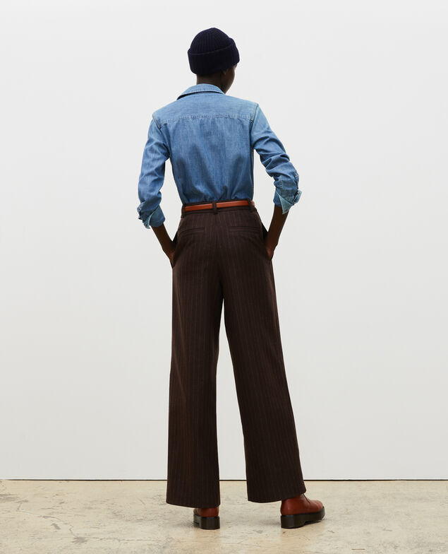 High waisted wide wool trousers YVONNE Stripe coffee bean