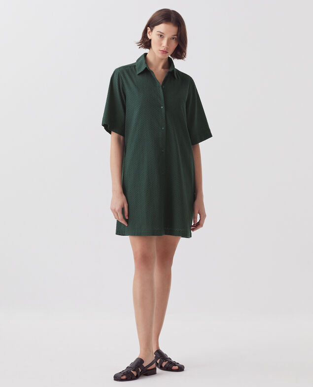 Embroidered cotton mini shirt dress J590 spruce green
