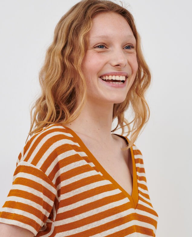 SARAH - Linen V-neck t-shirt 122 stripes pumpkin