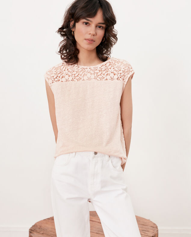 Linen t-shirt with lace back Nude