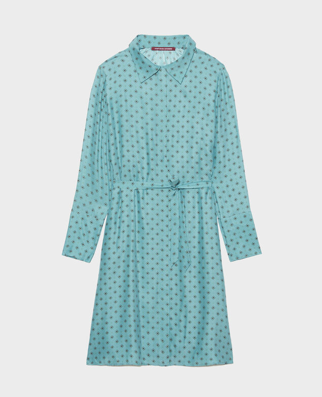 Silk shirt dress with belt Print mosaique treillis