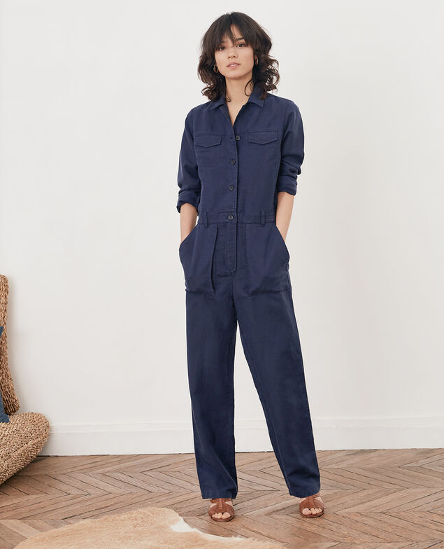Safari-style jumpsuit with linen Marine