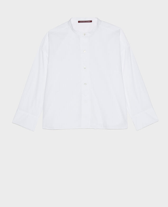 Collarless shirt in cotton poplin Optical white