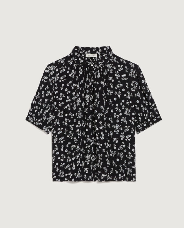 Short-sleeve silky blouse K094 daisy black