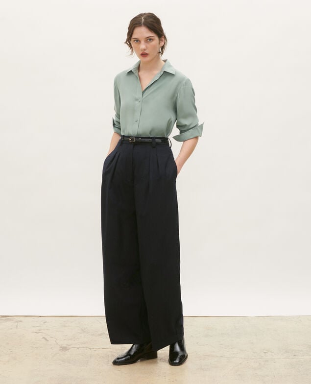 High-waisted wide wool trousers YVONNE Night sky