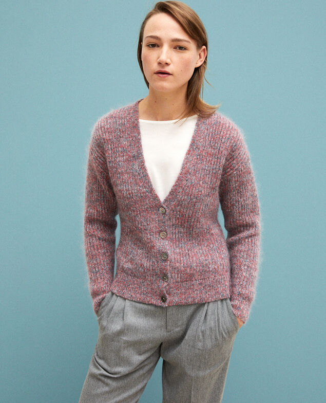 Flecked mohair cardigan Pompeian red/ultra green/off white