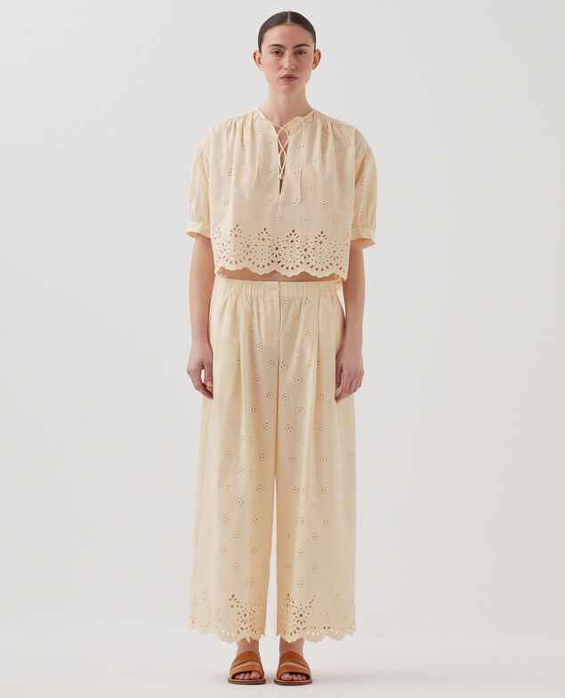 Cotton broderie anglaise wide leg trousers I307 ecru