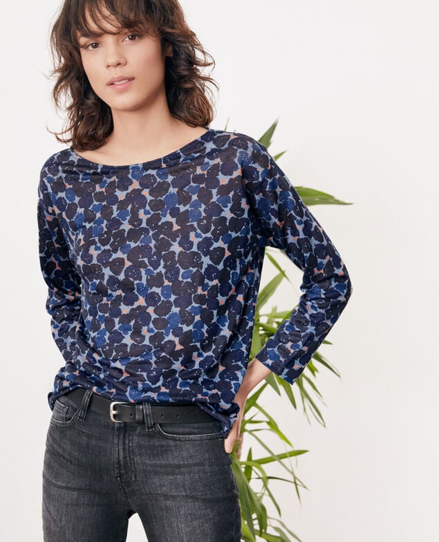 Printed linen T-shirt Blossom shadow indigo