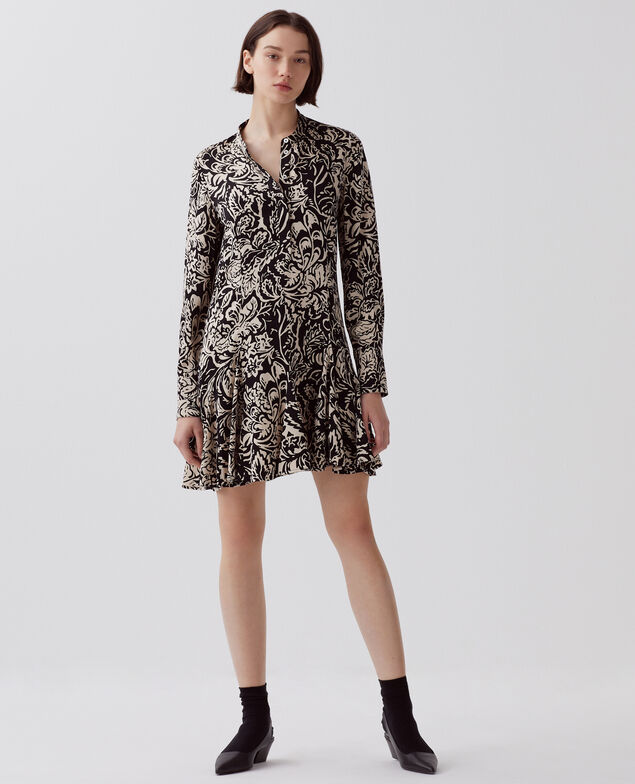 Flowy short dress I094 abstract fl blk
